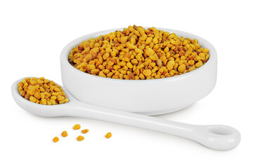Bee pollen grains in ceramic bowl and spoon isolated on white background