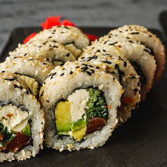 Fresh Sushi Rolls with Salmon and Tuna, Japanese Cuisine on a Gourmet Seafood Plate
