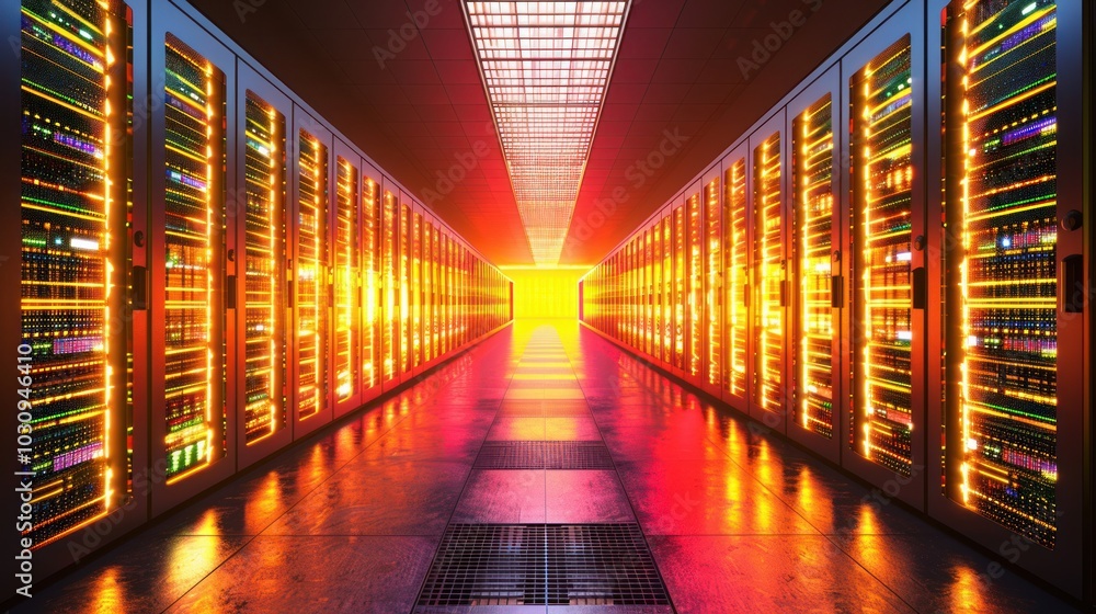Poster illuminated server racks in a modern data center