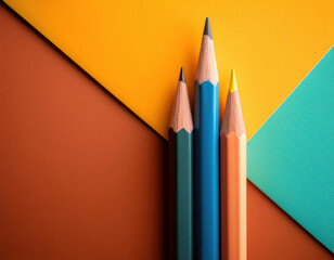 Three Colored Pencils Contrast Sharply With A Vibrant Geometric Background Divided Into Various Colors Of Warm And Contrasting Tones. Concepts Of Creativity, Art, Education, Stationery, Graphic Design