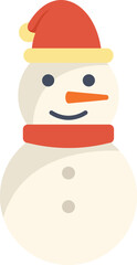 Snowman wearing a santa hat and red scarf, smiling