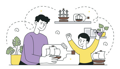Modeling of ships. Father and son collect toy in bottle. Handmade and handicraft boat and nautical vessel with sailors. Hobby and leisure. Linear vector illustration