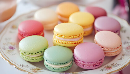 Obraz premium Close-up of an array of colorful macarons displayed on a delicate plate 