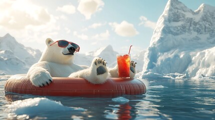 A Relaxed Polar Bear Lounging on a Floatie in Arctic Water