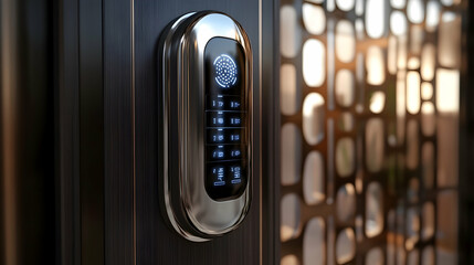 Close-up rendering of a biometric smart door lock with a digital keypad  