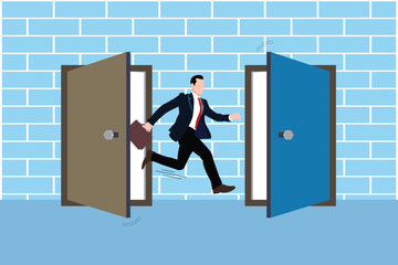 A businessman is changing jobs. A person is changing careers and moving towards new opportunities. Businessman resigning or leaving the company to find a new job. Moving forward for new opportunities.