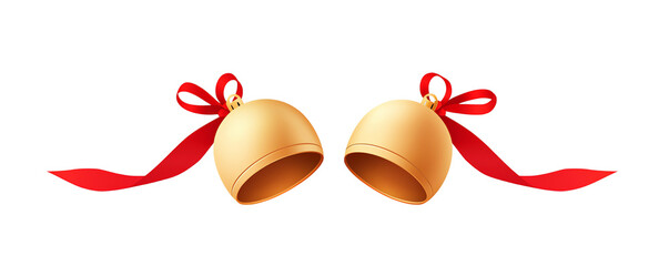 Gold bells with red ribbons, white isolated background. transparent background