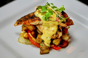 blackened fish with a mustard sauce