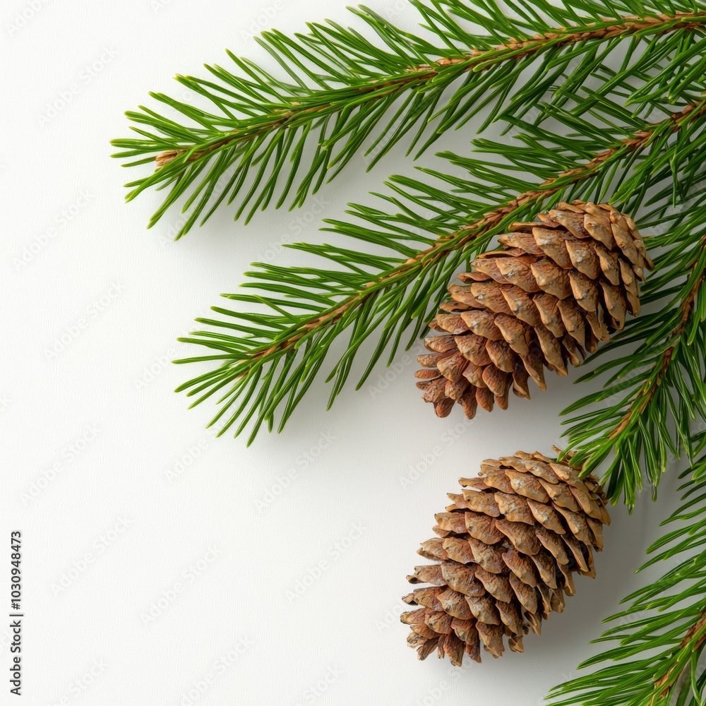 Poster concept of a negative space christmas tree with evergreen tree branches. flat lay.
