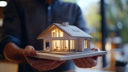 Real estate agents offer contracts to buy or rent housing Businessman holding model small building house with property insurance at table in home sales office : Generative AI