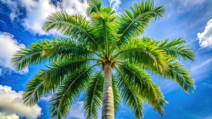 Tall slender palm tree with lush green leaves in focus