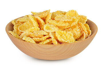 Cornflakes in wooden bowl isolated on white background.