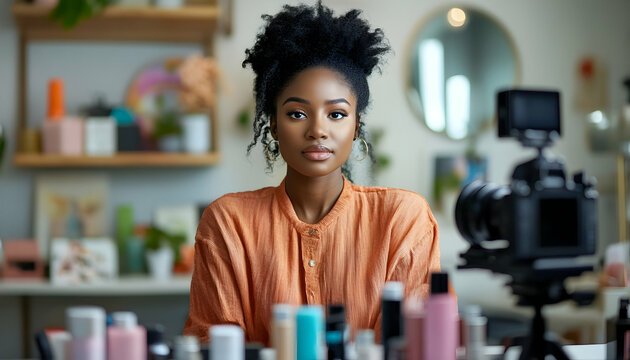 Cosmetic supplies placed near a black influencer shooting a video, a modern take on beauty tutorials and content creation.  