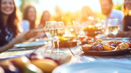 The family is celebrating with a garden party, eating, drinking, passing dishes, joking, and having fun at the table.
