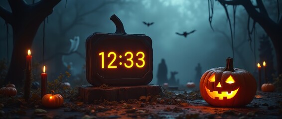 Spooky glowing pumpkin ghosts bats, digital clock timer counting down to Halloween in misty forest, banner