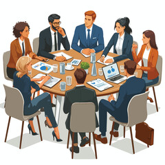 Partners meeting for business discussion with documents and laptop on desk. Couple at round table, speaking, discussing work, partnership. Flat vector illustration isolated on white background
