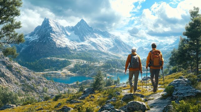 Senior couple hiking amidst beautiful landscapes, showcasing the tranquility and rejuvenation of nature-focused travel for older adults.