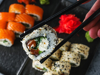 Fresh Sushi Rolls with Salmon and Tuna, Japanese Cuisine on a Gourmet Seafood Plate