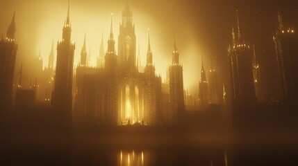 Fototapeta premium Enchanting Gothic Castle at Night: Mystical 3D Render with Illuminated Turrets and Ethereal Mist