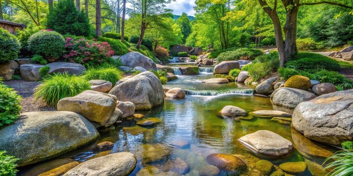 Tranquil babbling creek bed with boulder and green plants at Dollywood