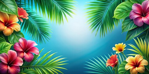 Tropical background with palm leaves and hibiscus flowers