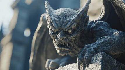 Gothic Gargoyle: Detailed 3D Render of Intricate Stone Statue on Dark Architecture