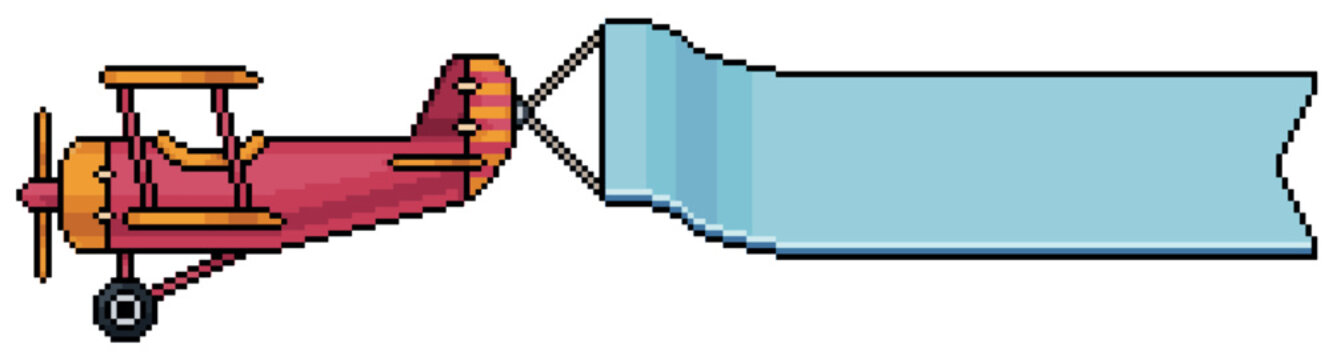 Pixel art biplane pulling a blank banner, vector icon of airplane with advertising banner for 8 bit game on white background