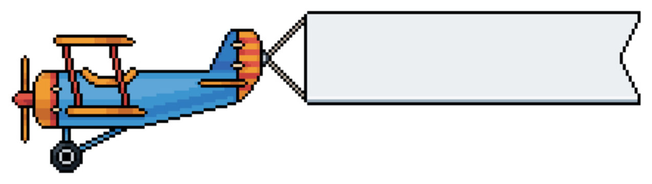 Pixel art blue biplane pulling a blank banner, vector icon of airplane with advertising banner for 8 bit game on white background