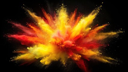 Vibrant burst of yellow and red powder against a blue sky