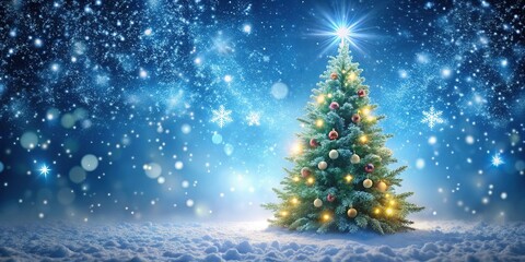 Twinkling christmas tree lights and falling snowflakes creating a magical holiday atmosphere