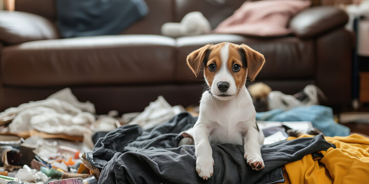 Cute puppy in the middle of mess in living room. Naughty dog making a mess while his owner is away. Behavioral problems in young canines.
