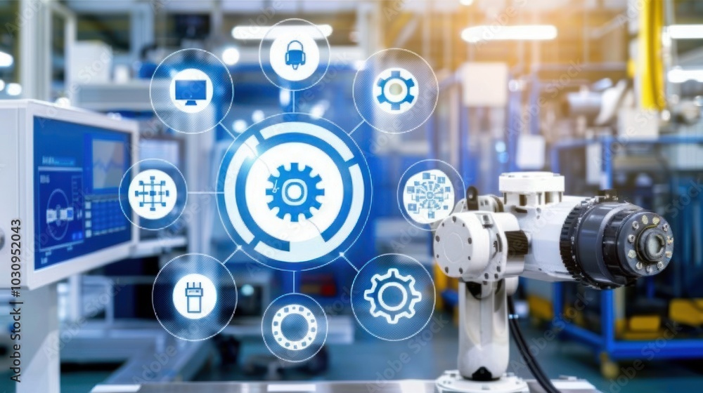 Poster robotic arm and digital interface in a factory setting