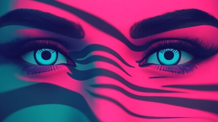 Close-up of a pair of blue eyes with pink and blue zebra stripes makeup.
