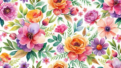 watercolor floral pattern with pink orange and purple blossoms with green leaves Macro