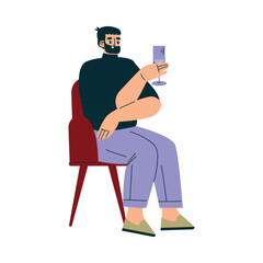 Bearded Man Character in Cafe Sitting on Chair with Glass Vector Illustration