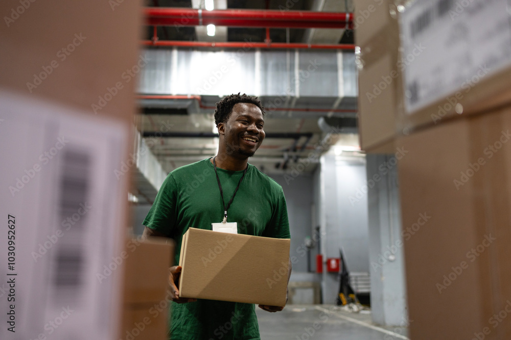 Wall mural Postal employee working in sorting center organizing package delivery.