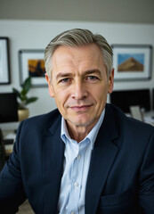 official businessman in their 40s, elegant neat attire, business analyst, simple light, personal office in the background