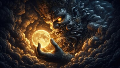 A powerful and fierce depiction of Rahu, the celestial deity, preparing to devour the full moon. Rahu’s face is adorned with intricate golden details and a towering crown, his expression menacing wit
