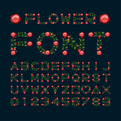 Isolated red rose flower font alphabet character with number and symbol, Vector floral wreath ivy style with branch and leaves.