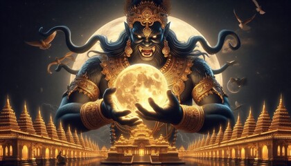 A powerful and fierce depiction of Rahu, the celestial deity, preparing to devour the full moon. Rahu&rsquo;s face is adorned with intricate golden details and a towering crown, his expression menacing wit
