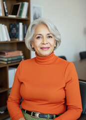 lady in their 70s, consultant with orange poplin turtleneck, diffused lighting, minimal office background