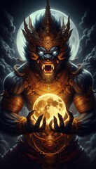 Fototapeta premium A powerful and fierce depiction of Rahu, the celestial deity, preparing to devour the full moon. Rahu’s face is adorned with intricate golden details and a towering crown, his expression menacing wit