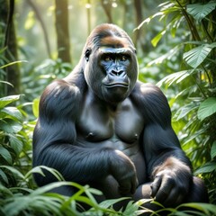 Fototapeta premium A majestic gorilla stands proudly near a waterfall surrounded by lush greenery in a natural habitat during daylight