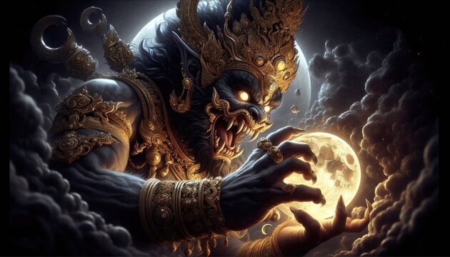 A powerful and fierce depiction of Rahu, the celestial deity, preparing to devour the full moon. Rahu&rsquo;s face is adorned with intricate golden details and a towering crown, his expression menacing wit