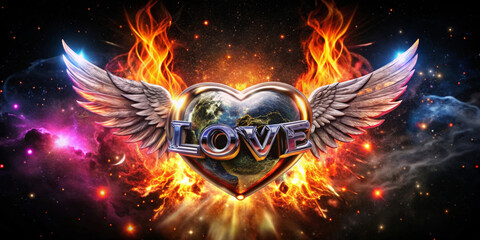 Fototapeta premium Metal winged heart is ablaze with brilliant flames and cosmic elements,with the word