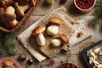 Fresh wild king bolete or porcini mushrooms on a wooden table in autumn, top viewking bolete or porcini mushrooms on a wooden cutting board in autumn