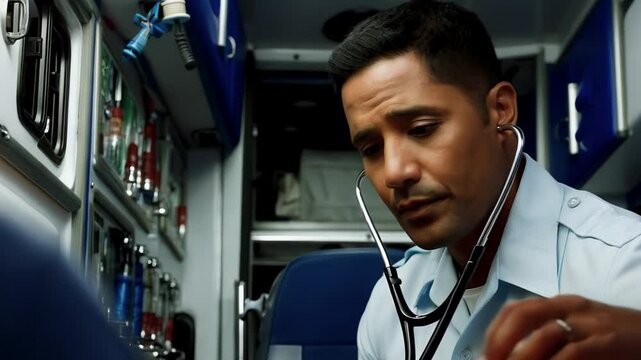 An emergency services worker assesses a patient's condition while inside an ambulance, focused on delivering timely medical assistance