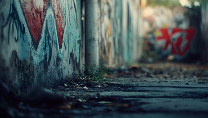 Graffiti on the walls of a rough part of the city, urban art with selective focus, grungy and raw with copy space for a gritty vibe  
