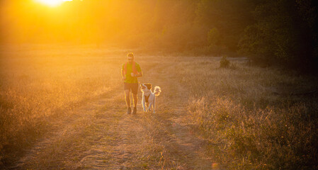trail runner running at sunset with dog © VSzili