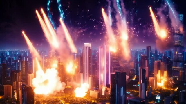 A nighttime futuristic cityscape with lots of meteorites flying at it and exploding below